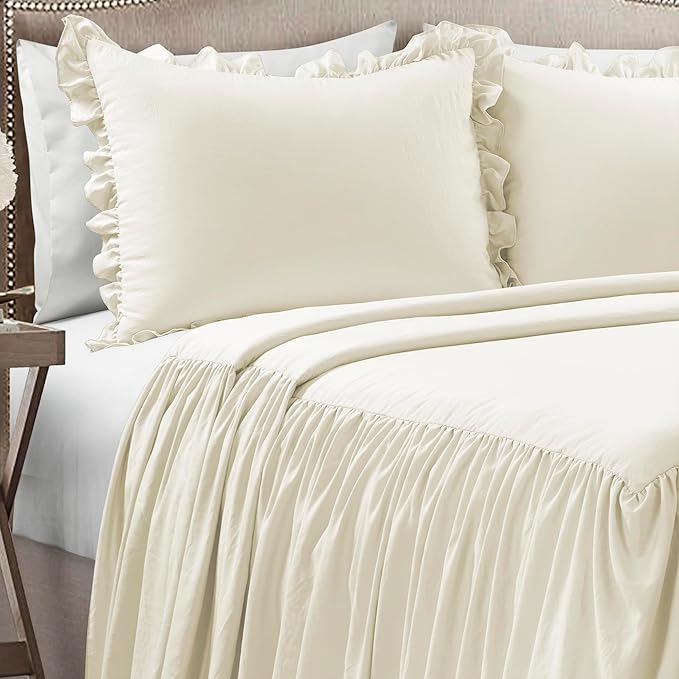 Lush Decor Ruffle Skirt Bedspread Set - 3-Piece Luxurious Farmhouse Bedding - Elegant Ruffle Detail - Timeless Style - Soft Lightweight Sheets - Queen, Ivory