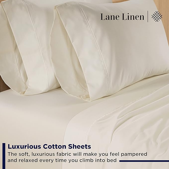 LANE LINEN Bed Sheets Queen Size – Premium 600 Thread Count Long-Staple 100% Cotton Sheets Queen Size Set, Hotel Luxury Soft & Cool Sateen Finish, Fully Elasticized 15" Deep Pocket – Ivory