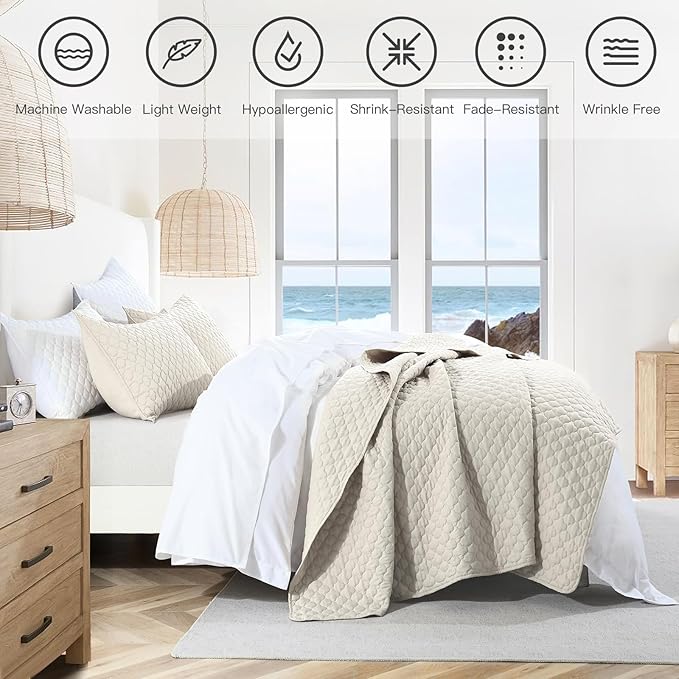 HORIMOTE HOME Quilt Set Queen Size Beige Bedspread, Modern Style Quilted Clouds Pattern Soft Coverlet Set Lightweight Microfiber for All Season, 3 Pieces Includes 1 Quilt and 2 Pillow Sham