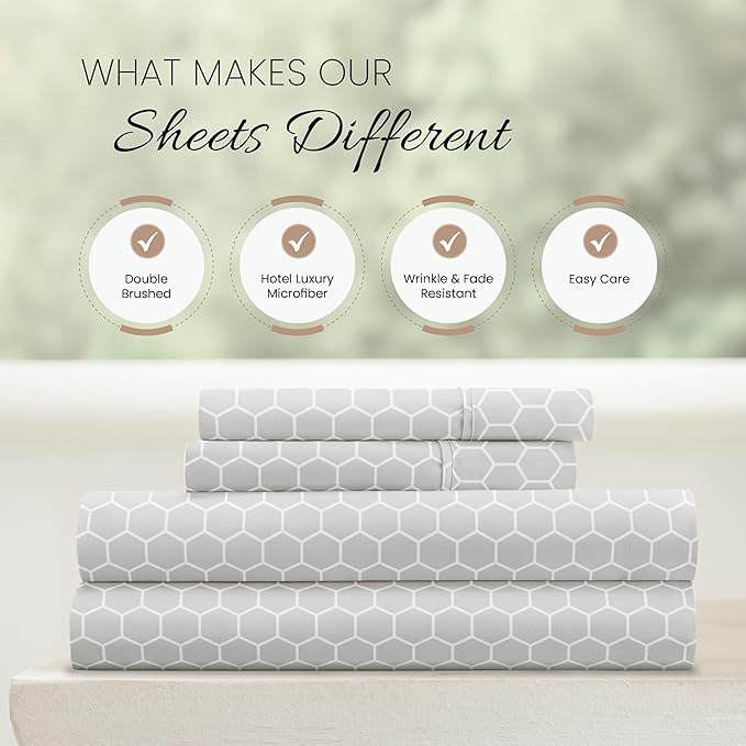 Linen Market Double-Brushed Patterned Microfiber Twin XL Sheet Set 3 Piece – Oeko-TEX Certified Ultra Soft & Wrinkle-Free - 16" Deep Pocket Sheets - Easy Care Twin XL Size - Honeycomb Light Gray
