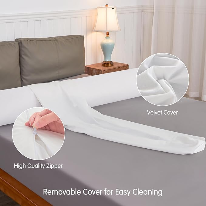 SyMax 7.8"x38" Body Pillow for Twin Bed, Memory Foam Bolster w/Removable Velvet Cover, Headboard Gap Filler Pillow, White