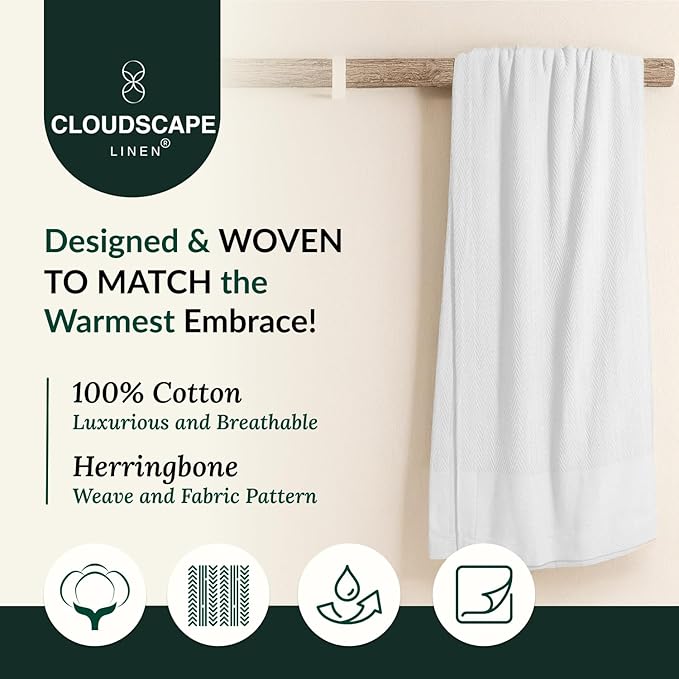 Cloud Scape Linen 100% Cotton Blanket King 92x108 White - Cozy Herringbone Weave, Fits Up to Cal King Beds, Breathable Softness, All-Season Warmth, Heavy Layering Winter Blanket