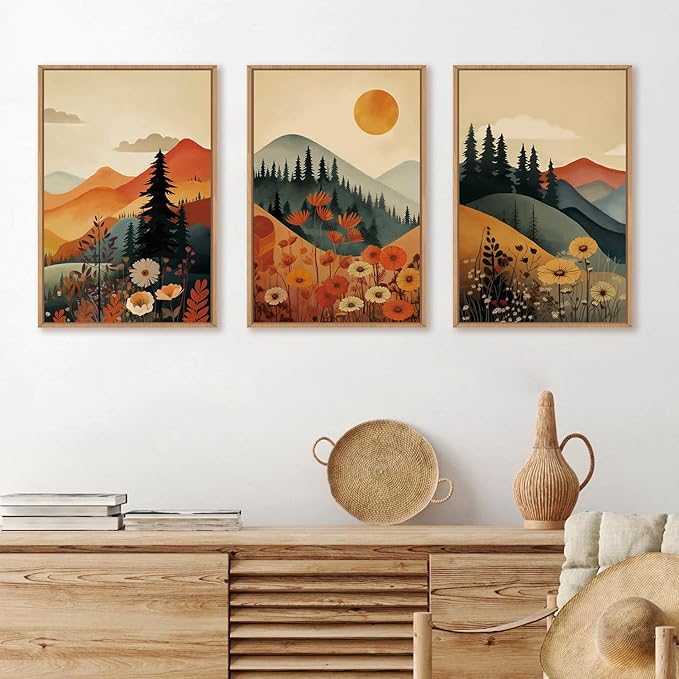 LHIUEM Large Boho Mountain Sunset Framed Canvas Wall Art Set, Pine Tree Flowers Wall Decor, Nature Landscape Forest Artwork for Living Room,Bedroom,Dining Room,Office -24"x36"x3