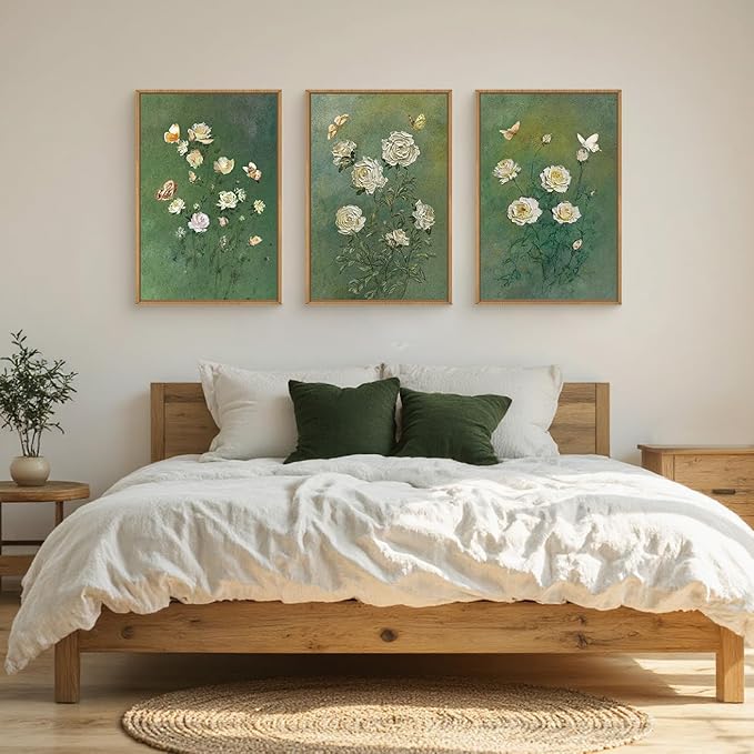 LHIUEM Vintage Moody White Roses Framed Canvas Wall Art,Abstract Flower Green Wall Decor,Nature Floral Butterfly Wall Painting,Aesthetic Blossom Artwork for Living Room,Dining Room,Office-24 x36 x3