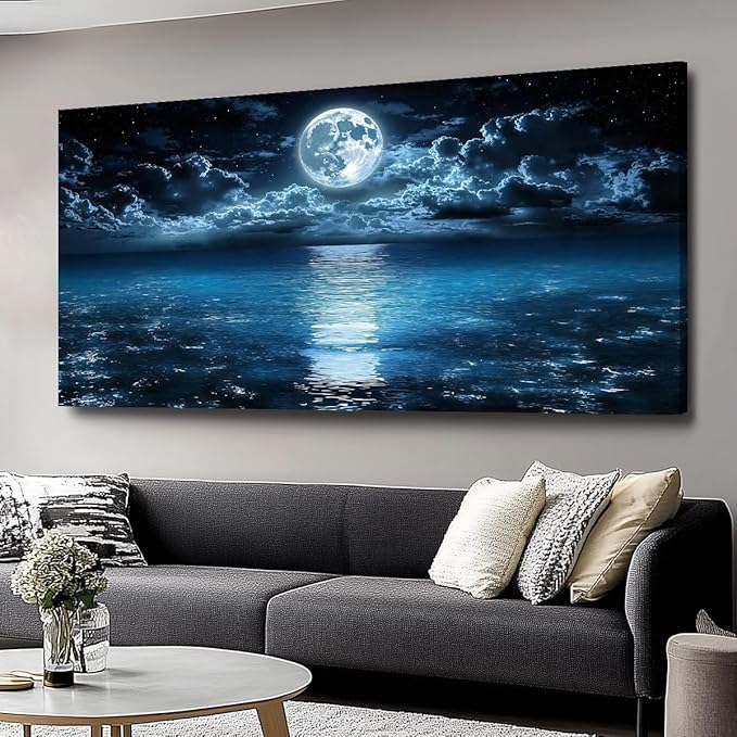Big Moon Canvas Wall Art - Modern Seascape Paintings for Living Room, Bedroom Wall Decor, Framed Wall Art for Home or Office Decoration, Large Art 60x120cm(24x48in)