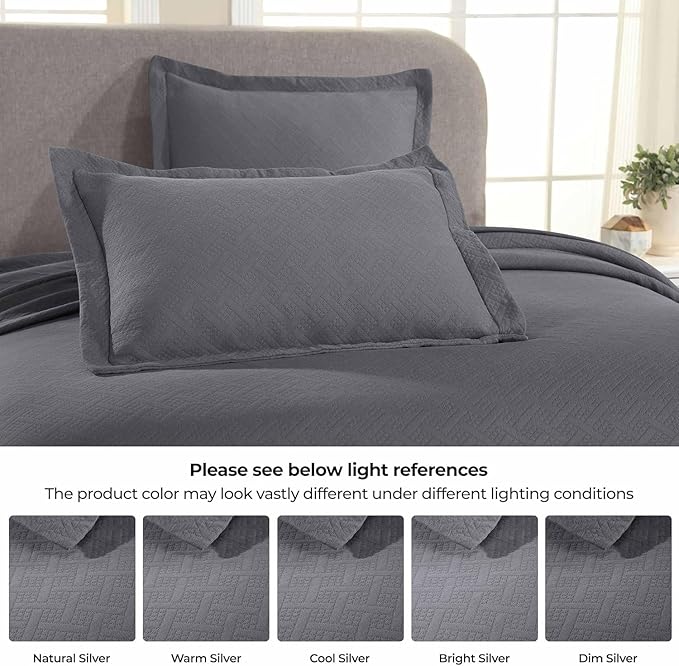 Superior 3 Piece Basketweave Cotton Bedspread Set, Home Bed Decor, Decorative Bed Spread, 2 Pillow Shams, Medium Weight Blanket, Matelasse Coverlet Bedding, Geometric Lattice Pattern, Queen, Grey