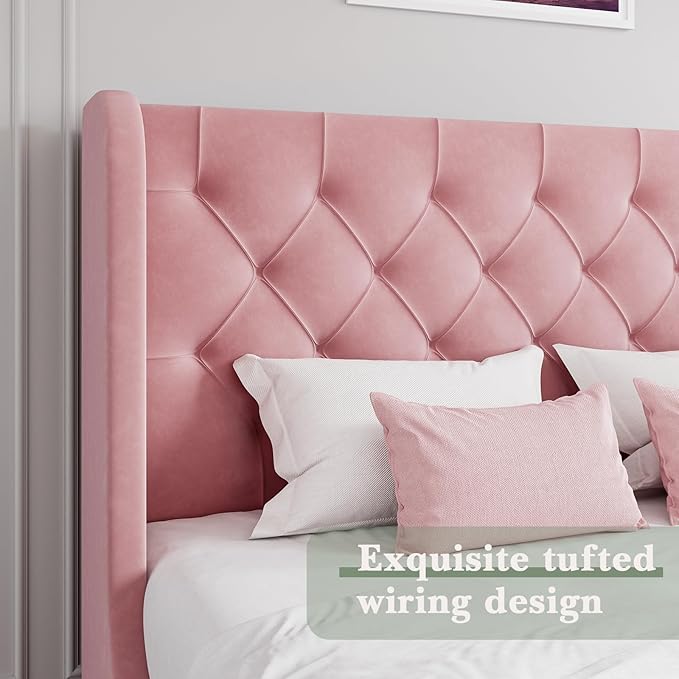 Full Bed Frame, Pink Velvet Upholstered Bed Frame Full with Headboard and Wide Wingback, Sturdy Wooden Slats Support, No Box Spring Required, Noise Free, Easy Assembly, Pink
