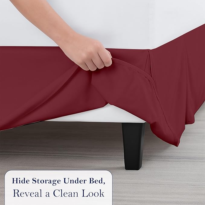 Twin Bed Skirt, Luxury 18 Inch Drop Burgundy Pleated Bed Skirt, Double Brushed Microfiber, Box Pleat Design, Wrinkle & Fade Resistant, Easy Fit Tailored Bedskirt for Twin Size Beds