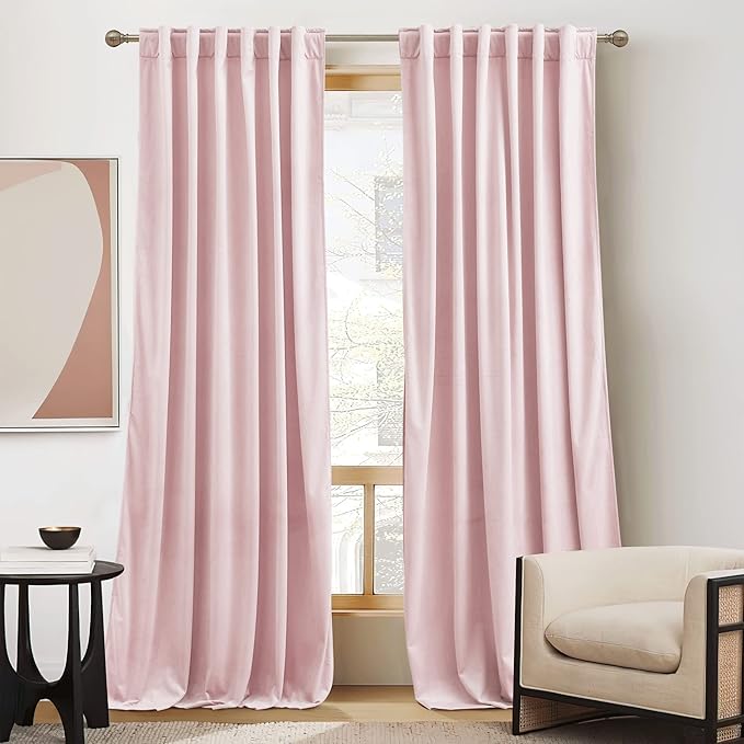 RYB HOME Pink Velvet Curtains 102 inches, Back Tab Soft Fabric Room Darkening Thermal Insulated Luxurious Home Decor Curtains for Living Room Bedroom, W 52" x L 102", 2 Panels Set