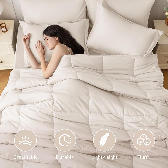 JOLLYVOGUE Oversized Queen Comforter Set, Ultra-Soft Bed in a Bag Oversized Queen Size 7 Pieces, Oeko-TEX Certified Bedding Set with Down Alternative Comforter, Sheets, Pillowcases & Shams, Beige