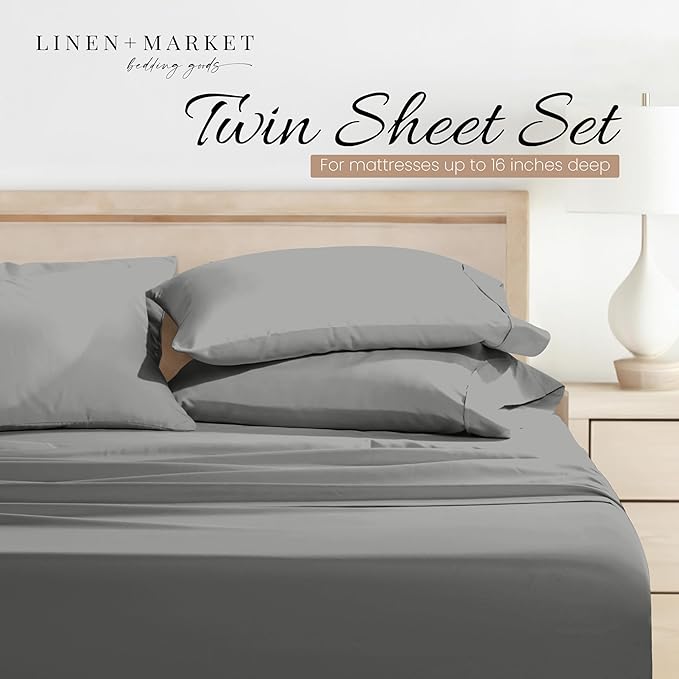 Linen Market Brushed Microfiber Twin XL Sheet Set 3 Piece – Oeko-TEX Certified Ultra Soft & Wrinkle-Free - 16" Deep Pocket Sheets - Easy Care Twin XL Size - Gray