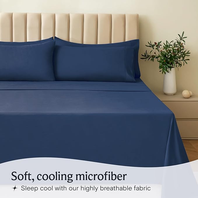 LuxClub 5 PC Split King Sheet Set, Deep Pockets Wrinkle Free Cooling Bed Sheets Hotel Bedding for Women, Men, Includes 2 Fitted Sheet, 1 Flat Sheet and 2 PillowcasesSoft Navy