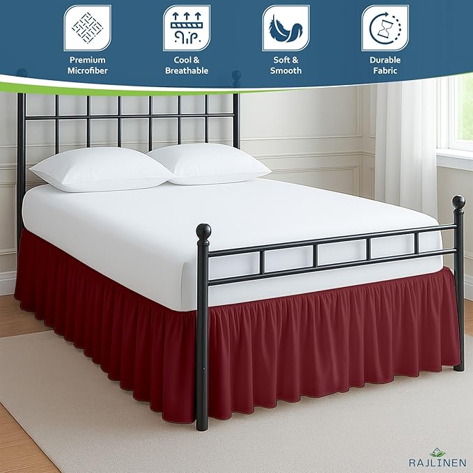 Rajlinen Ruffled Bed Skirt Full, 24 Inch Drop Dust Ruffle with Split Corners, 100% Microfiber Bedskirt with Platform, Three-Sided Coverage Ruffled Gathering Design, Burgundy