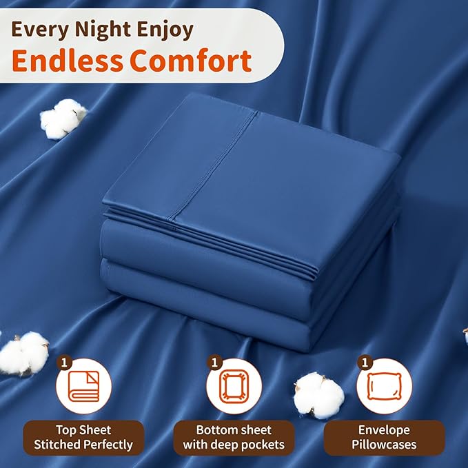 LBRO2M 1000 Thread Count 100% Egyptian Cotton Sheets Set Twin, 3 Piece Sets Bed Sheet Deep Pocket Sheet Set 16" Soft Comfortable All Season (Twin, Navy Blue)