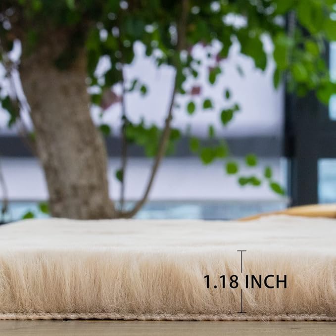Beige Plush Faux Rabbit Shaggy Fur Rugs for Bedroom Small Shag Washable Fluffy Fur Rug for Living Room Fuax Sheepskin Rug 2x3 Nursery Rectange Rugs