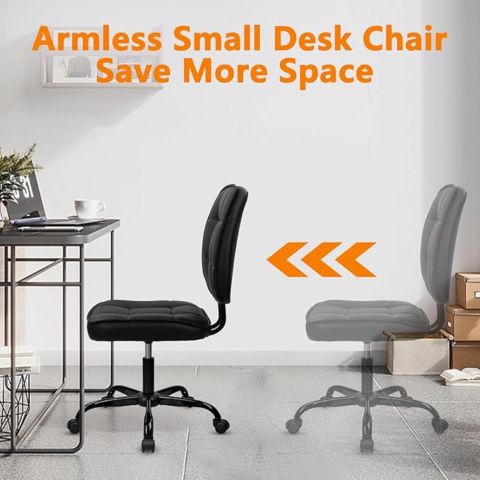 CLATINA Armless Home Office Chair with Lumbar Support and Wheels, Small PU Leather Ergonomic Low Back Desk Chairs No Arms, Adjustable Height 360° Swivel Rolling Computer Task Chair, Black