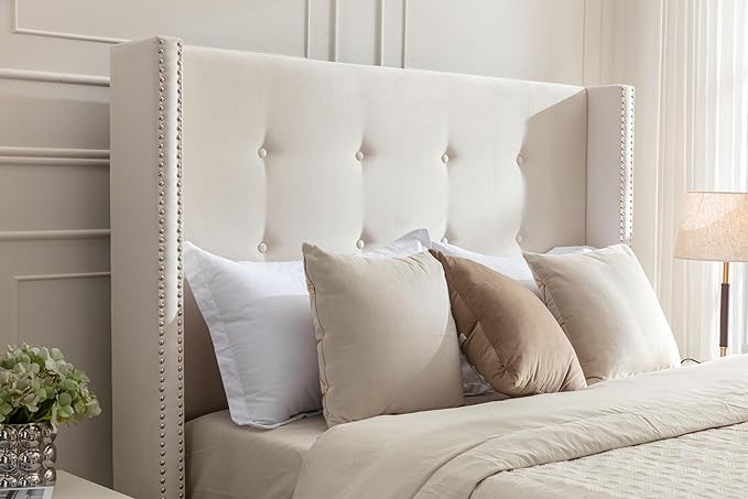 Queen Velvet Bed Frame,Upholstered Platform Bed with Button Tufted Headboard and Nailhead Trim Wingback, Wood Slats Support, No Box Spring Needed, Easy Assembly,Ivory