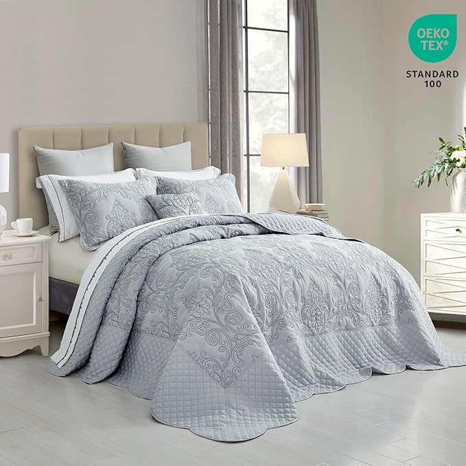 CHIXIN Bedspread Coverlet Quilt Set Full Size - Lightweight Bedding Cover - Beautiful Stitching - 5 Piece Reversible Bedspread - Luxury Damask Paisley Pattern (Full, Light Grey)