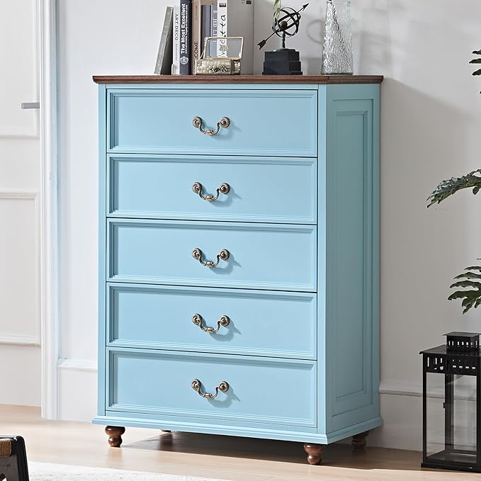 24" Wide Farmhouse Nightstand with Charging Station Set of 2, 54" 7 Drawers Dresser, 45" Tall Rustic Chests of 5 Drawers, Farmhouse Furniture Series for Bedroom,LightBlue
