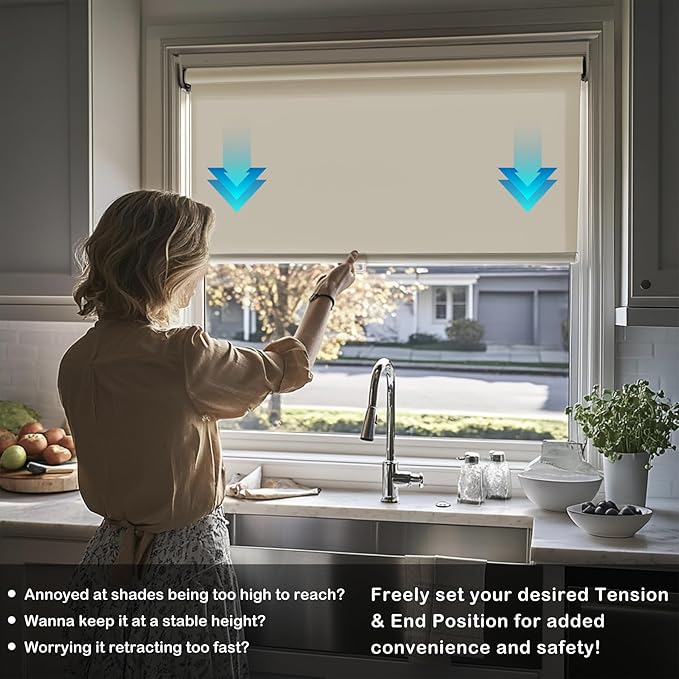 HESTIA No Drill Cordless Blackout Roller Shades Screwless Waterproof Shower Window Blinds, Auto-Retraction Easy Install Blind for Bathroom/Kitchen/Office/Exterior, Cream, 33.5" W x 54" H