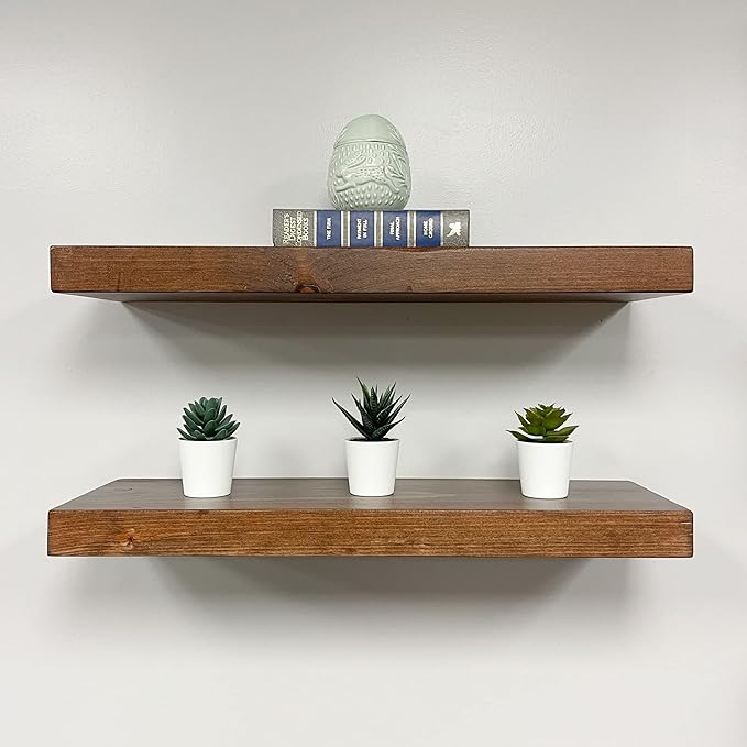 URBANDI, Rustic Floating Shelves, Set of 2, Hidden Bracket, Solid Wood, Heavy Duty, Wall Mounted Shelves, (Provincial, 48Wx8D)