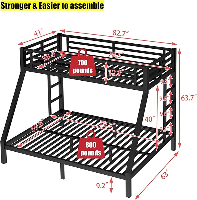 Upgraded & Stronger Heavy Duty Metal Twin XL Over Queen Bunk Bed for Adults & Teens, Thickened More Stable Safer Bunkbeds (Greater Weight Capacity) (Twin XL Over Queen)