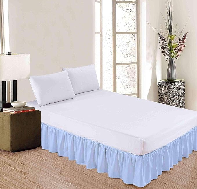 Light Blue Solid Ruffled Bed Skirt Queen-XL-24 Inch Drop Split Corner, Microfiber Bedskirt with Platform Three Sided Coverage