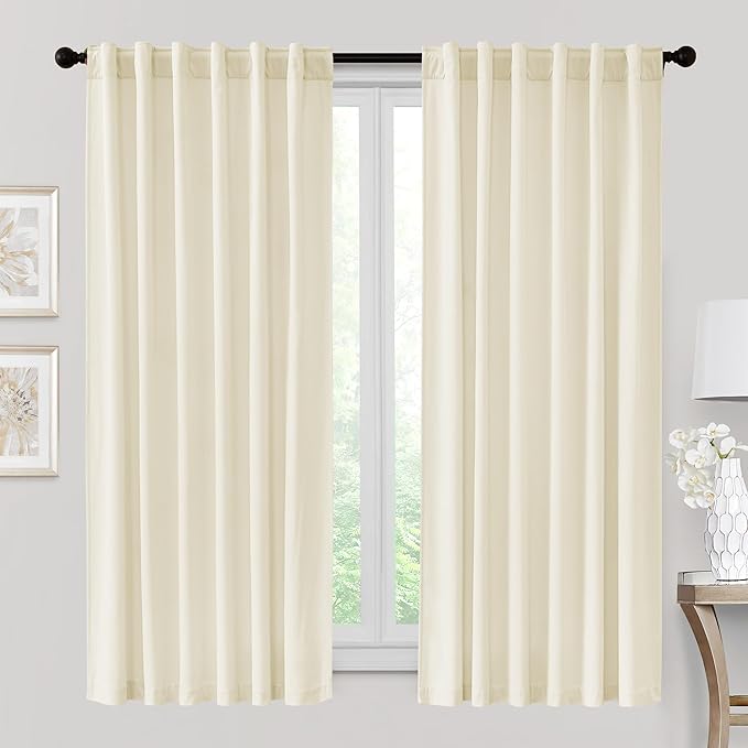 RYB HOME Velvet Curtains 63 inches Length, Back Tab & Rod Pocket Soft Fabric Curtains & Drapes for Bedroom Bathroom Cafe, Cream White, W 42 x L 63, 2 Panels Set