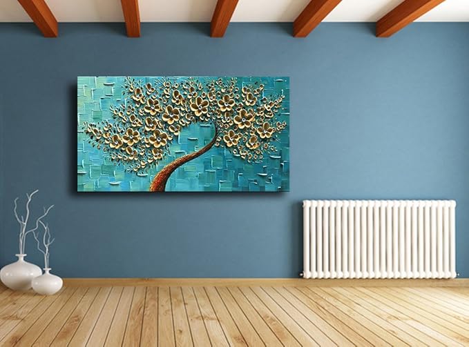 YaSheng Art - Handmade Golden Flowers Artwork Oil Painting On Canvas Texture Palette Knife Abstract Tree Canvas Wall Art Modern Home for Bedroom Living Room Office Wall Decor 24x48inch