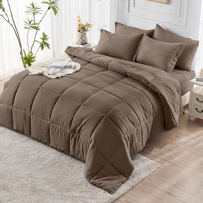 JOLLYVOGUE Queen Comforter Set, Ultra-Soft Bed in a Bag Queen Size 7 Pieces, Oeko-TEX Certified Bedding Set with Down Alternative Comforter, Sheets, Pillowcases & Shams, Brown