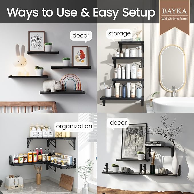 BAYKA Wall Mounted Floating Shelves, Wood Floating Wall Shelf for Books & Decor, Small Space-Saving Display & Organizer（Black，Set of 3）