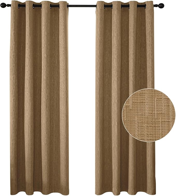 Jacquard Linen Curtains 63 inch Length 2 Panels Thick Faux Linen Blended Window Drapes Burlap Textured Curtains with Grommet for Living Room Bedroom Farmhouse (42x63 Light Coffee) Natural