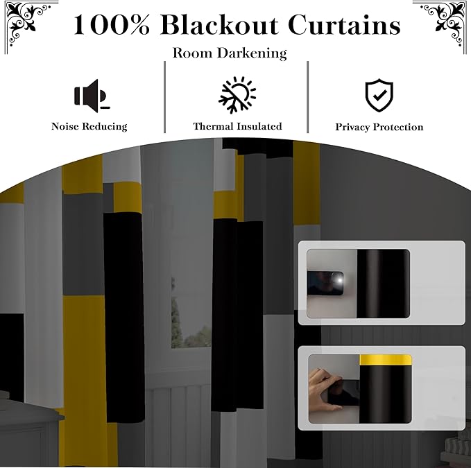 Yellow 100% Blackout Curtains for Bedroom 96 inch Long 2 Panels Set Mustard Yellow Grey Modern Abstract Geometric Black Out Curtains Room Darkening Window Drapes for Living Room, 52Wx96L