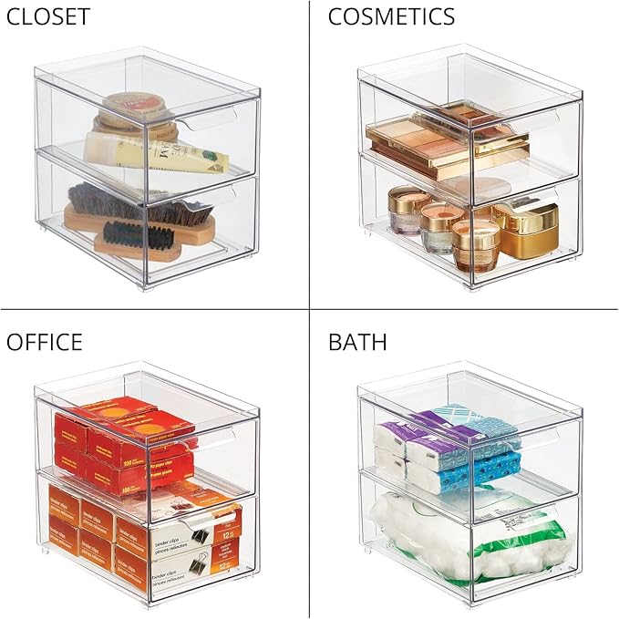 mDesign Stackable Storage Containers Box with 2 Pull-Out Drawers - Stacking Plastic Drawer Bins for Kitchen Pantry and Cupboard, Cabinet, Counter, Island and Tables - Lumiere Collection - Clear