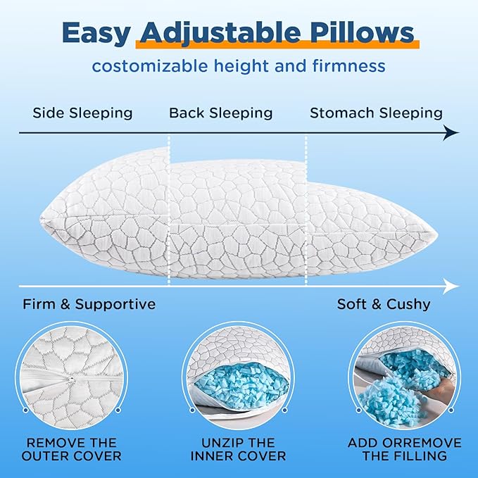 Cooling Bed Pillows Queen Size Set of 2, Shredded Memory Foam Pillows for Sleeping, Adjustable Firm Pillow for Side Back Stomach Sleepers, Gel Cool Pillow for Hot Sleepers Neck Support