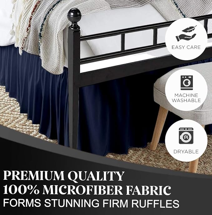 Ruffled Bed Skirt with Split Corners, Navy Blue, Queen 16 Inch Drop Bedskirt, Hotel Quality Brushed Microfiber Wrinkle Free Dust Ruffle Bed Skirt Queen Size