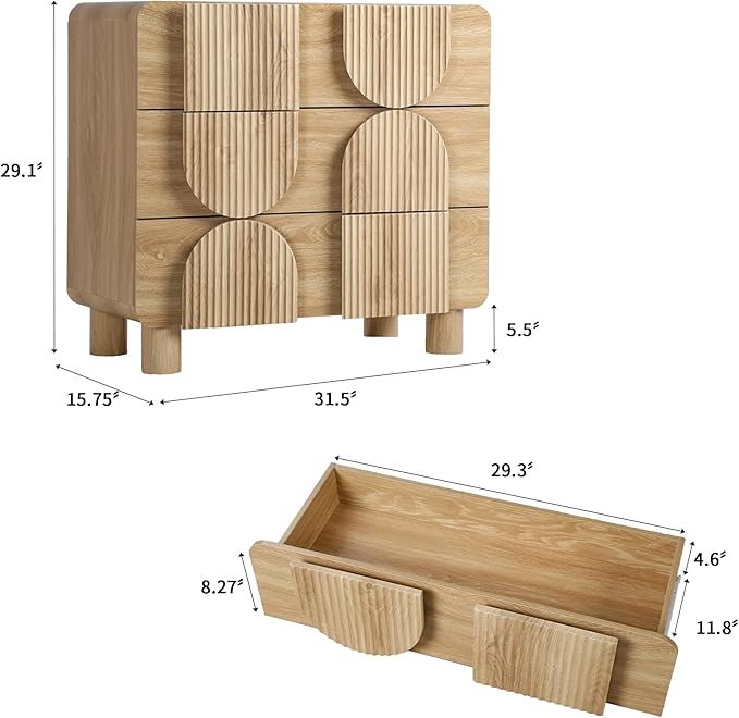 3 Drawer Dressers for Bedroom, 31.5" Wide Large Mid Century Modern Fluted Nightstand, Wood Dresser & Chest of Drawers with Curved Profile for Living Room, Entryway, Hallway, Natural