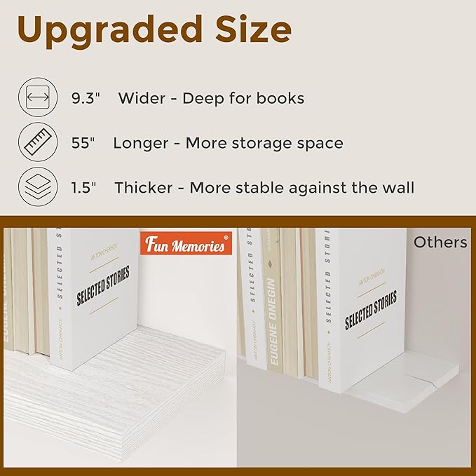40 Inch Floating Shelves for Wall, 9.3 Inch Deep Shelves for Books & Decor, Wall-Mounted Floating Shelf 40 Inch Long Set of 2, Rustic Wooden Shelf for Living Room, Bedroom, Kitchen, White