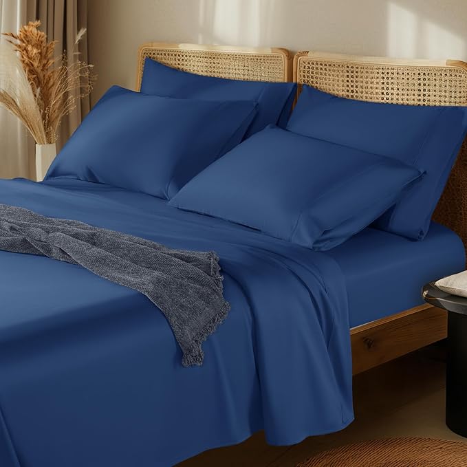 LBRO2M 1000 Thread Count 100% Egyptian Cotton Sheets Set 6 Piece Sets California King Bed Sheet Deep Pocket Sheet Set 16" Soft Comfortable All Season (California King, Navy Blue)