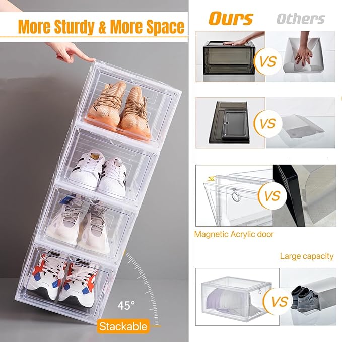 Attelite X-Large Clear Plastic Shoe Boxes - Stackable Shoe Organizer with Magnetic Door (9 Pack, Clear White)