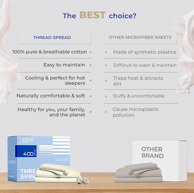 THREAD SPREAD 2-Pack Twin XL Sheet Sets Cotton - 400 Thread Count 100% Cotton Sateen Weave - Soft, Breathable, Hotel Quality Cooling Sheets, 2 Sets of Twin XL Size Deep Pocket Bed Sheets (Ivory)