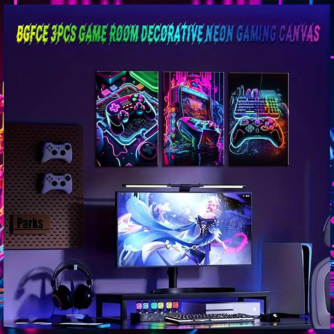 Game Room Decor Posters Set of 3 - Neon Gaming Accessories Theme Canvas Wall Art, Gamer Console Paintings Picture Wall Decor for Children Youth Boys Bedroom 12x16 inch Framed