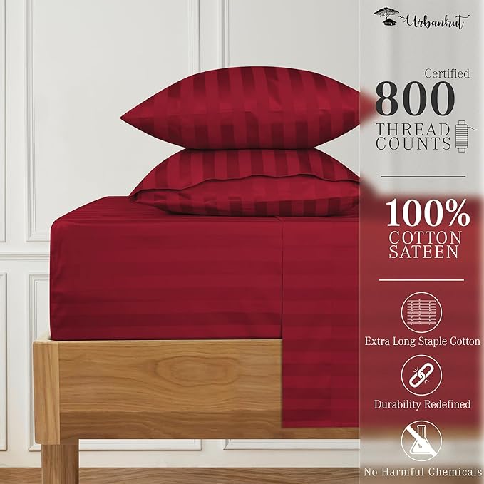 URBANHUT 800 Thread Count 100% Cotton Damask Twin Size Sheets, 4 Piece Striped Twin Size Bedsheets, Luxury Hotel Sheets Sateen Weave - Better Than Egyptian, 14" Elasticized Deep Pocket- Burgundy