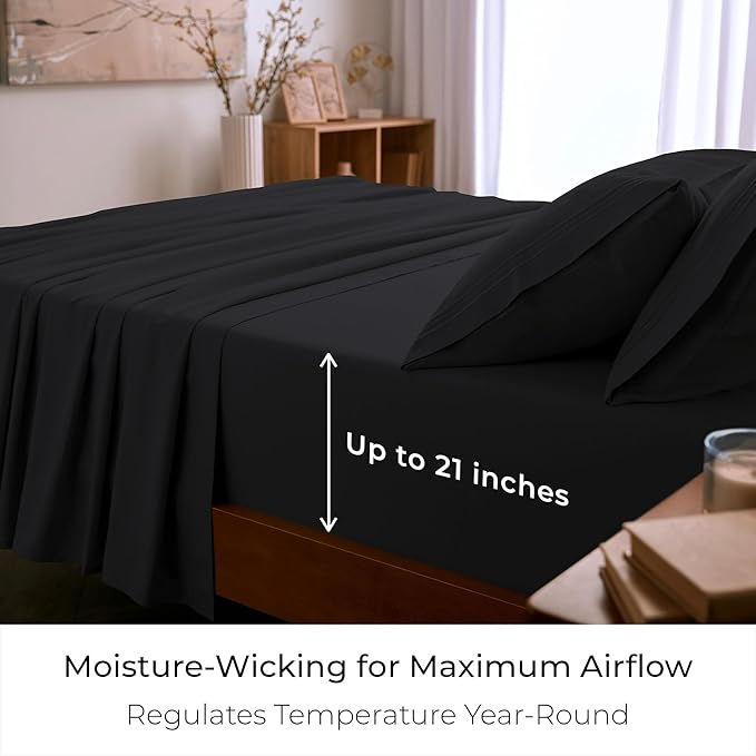 Mellanni Queen Sheet Set - 6-Piece Iconic Collection Bedding, (Including 4 Pillowcases), 21-Inch Extra Deep Pocket, Easy Care, Ultra Soft, Cooling Sheets, Brushed Microfiber - Black