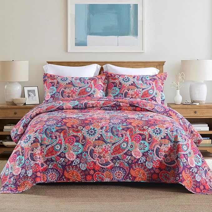 Cotton Bedspread Quilt Sets Reversible Bedding Coverlet Sets Comforter Paisley Floral Bohemian Bedspread,Bohemian Red Gorgeous Pattern,King Size