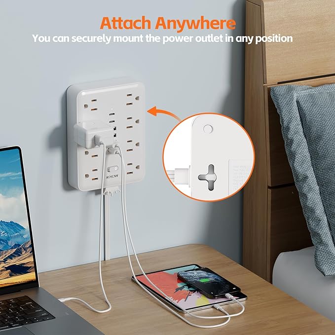 Surge Protector Power Strip(900J) -MCSCN 8 Outlets 6 USB - 15A/1875W - 10ft Extension Cord,Ultra-Thin Plug & Cord - UL Certified - Home/Office Use