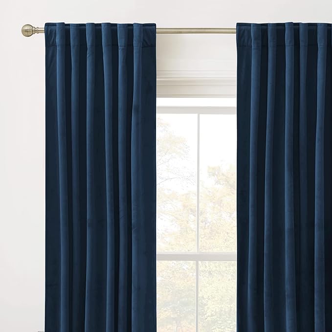 RYB Home Blue Velvet Curtains 90 inches - Blackout Curtains for Living Room, Thermal Insulated Noise Reducing Panels Soft Luxury Window Decor for Kids Bedroom, Navy Blue, W52 x L90 inches, 2 Panels