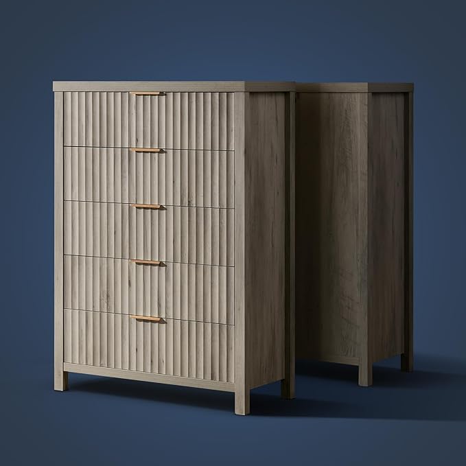 5 Drawers Dresser for Bedroom, 44 Inches Tall Modern Bedroom Dressers, Chest of Drawers for Bedroom, Fluted Dresser for Closet Organizer for Living Room, Hallway, Entryway (Grey Oak, 3 Pieces)
