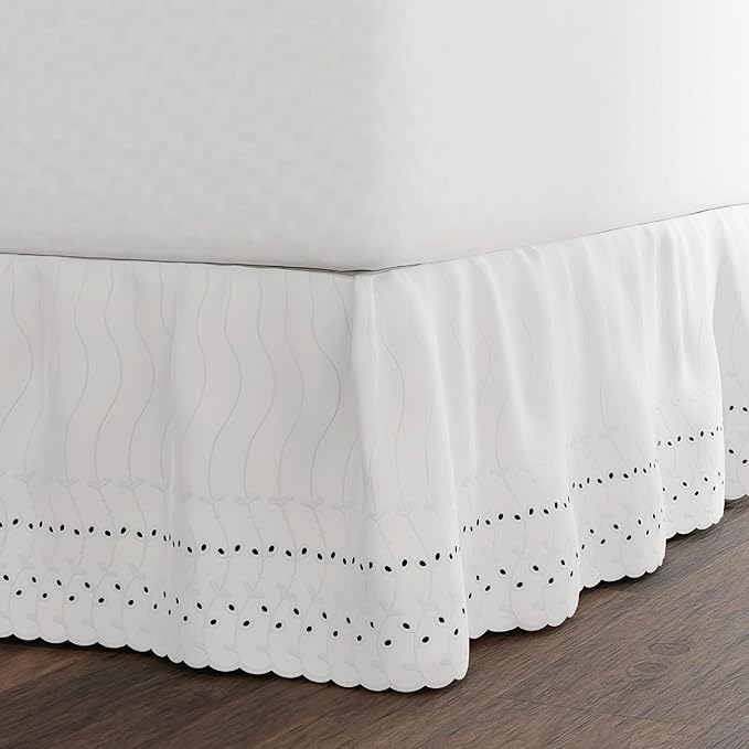 Fresh Ideas Eyelet Bed Skirt, Ruffled Design, 14 Inch Drop, Embroidered Scalloped Edge, King, White