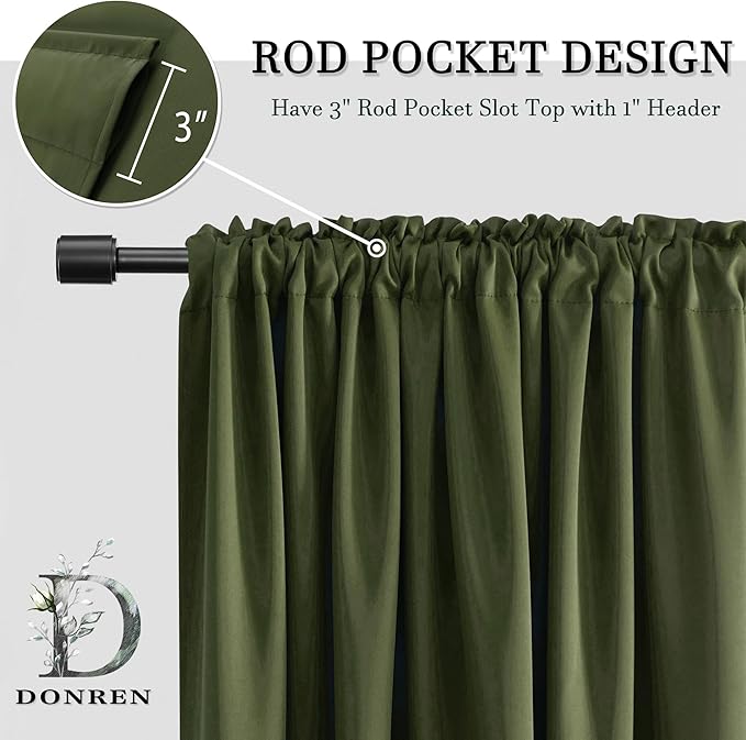 DONREN 108 inch Extra Length Blackout Curtains for Villa Bedroom, Dark Green Room Darkening Thermal Insulated Window Panels for Patio (52" Wide x 108" Long,Olive,2 Pieces)